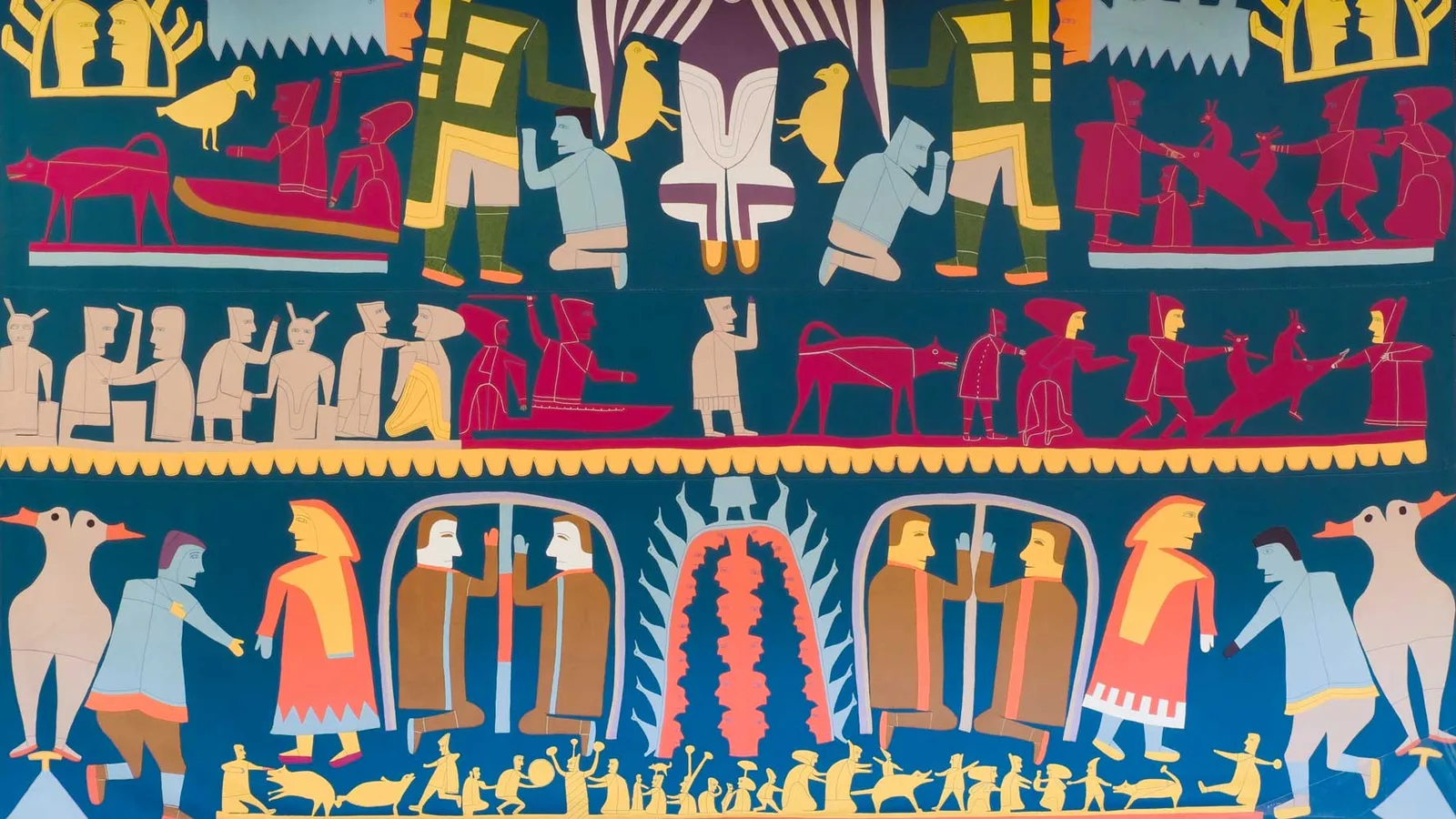 A colourful stylized tapestry depicting mythological and Indigenous figures — dog sleds, dancers, birds and masked faces — arranged in horizontal bands against a deep blue background.